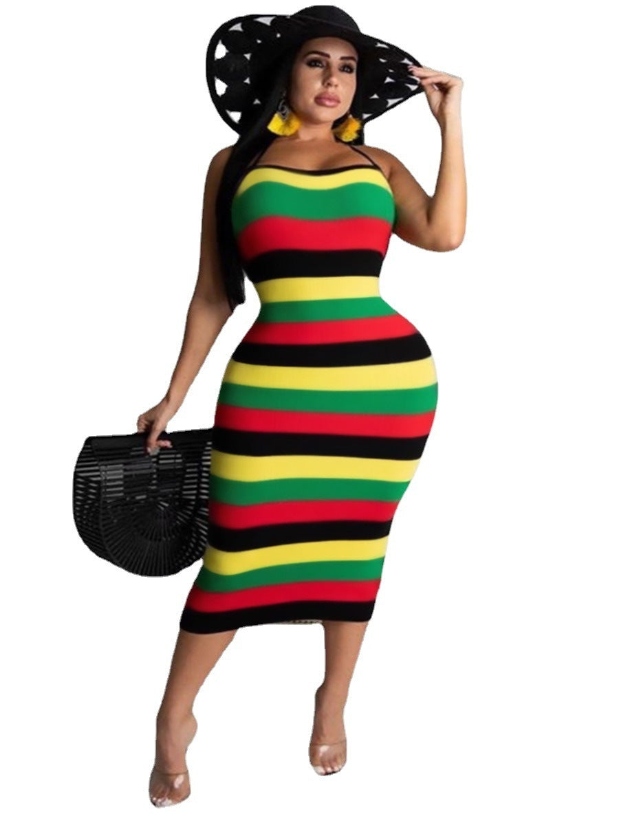 European And American Spring And Summer Rainbow Bar Sexy Suspender Dress