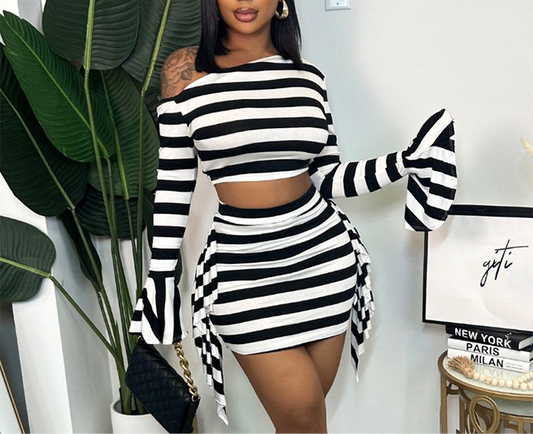 Casual Zebra Prints Cropped Horn Long Sleeve Top Skirt Suit