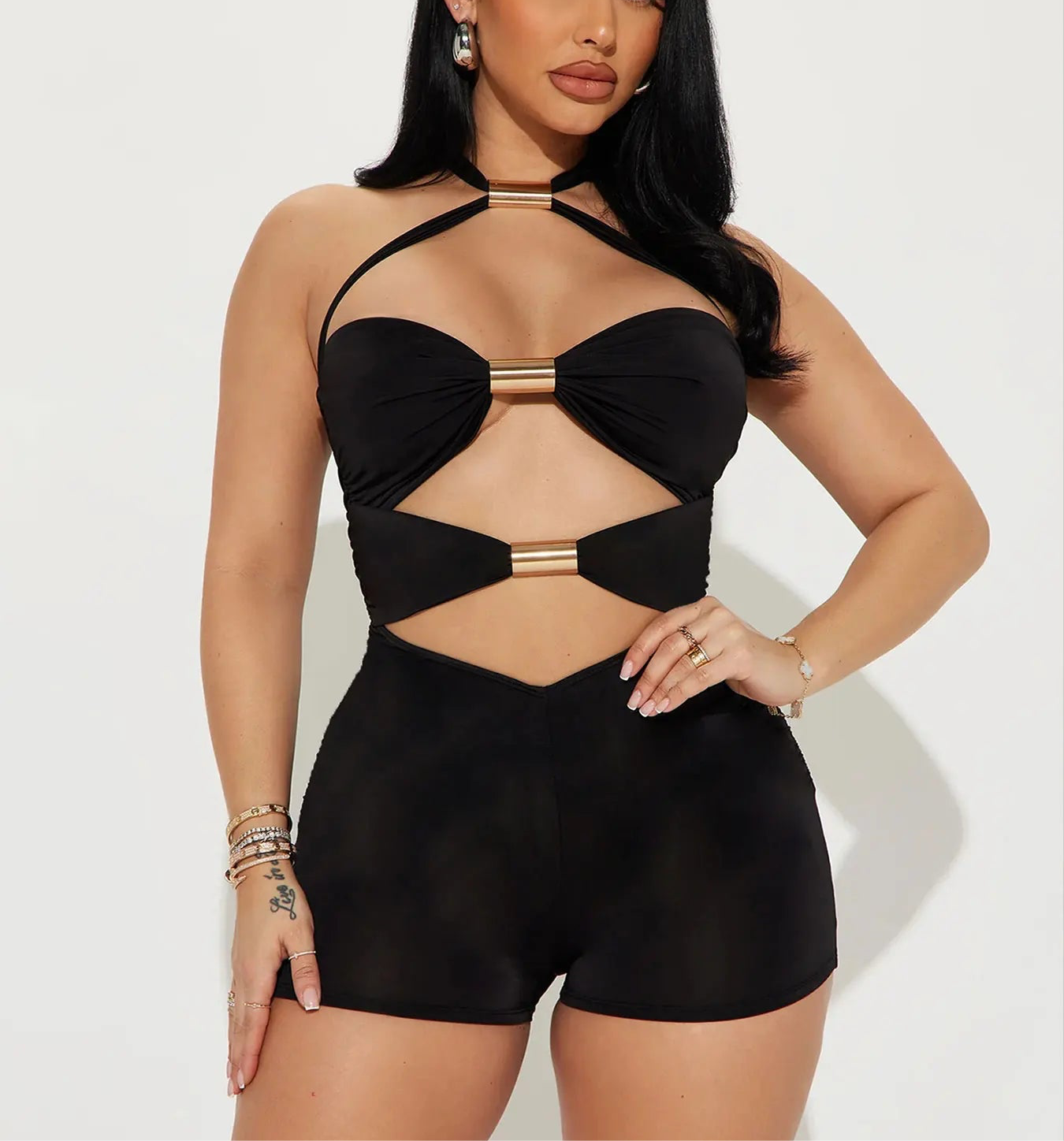 Hollow Out Metal Ring Sexy Vacation Jumpsuit Streetwear Playsuit Mujer One Piece Bodysuit Women Fashion Romper Y2K