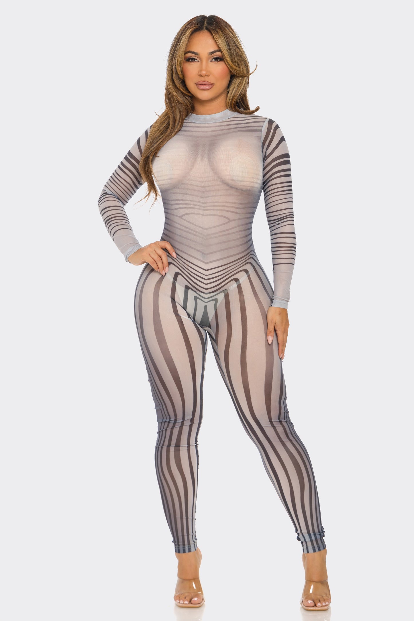 Meshy striped body suit jumpsuit