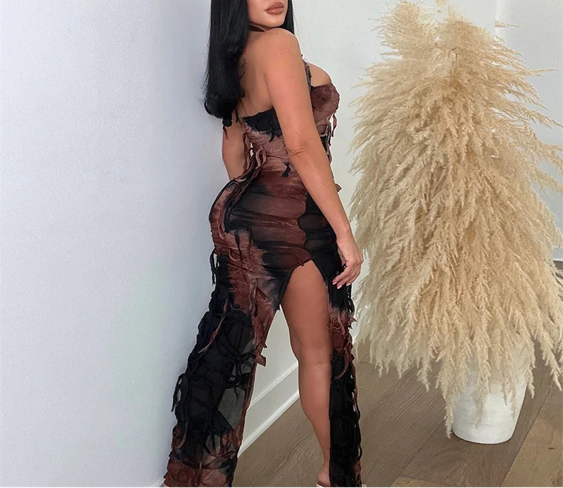 Halter Backless Strapless Birthday Dress for Women Party Night Double Side High Split Body-shaping Tassel Bodycon Maxi Dresses