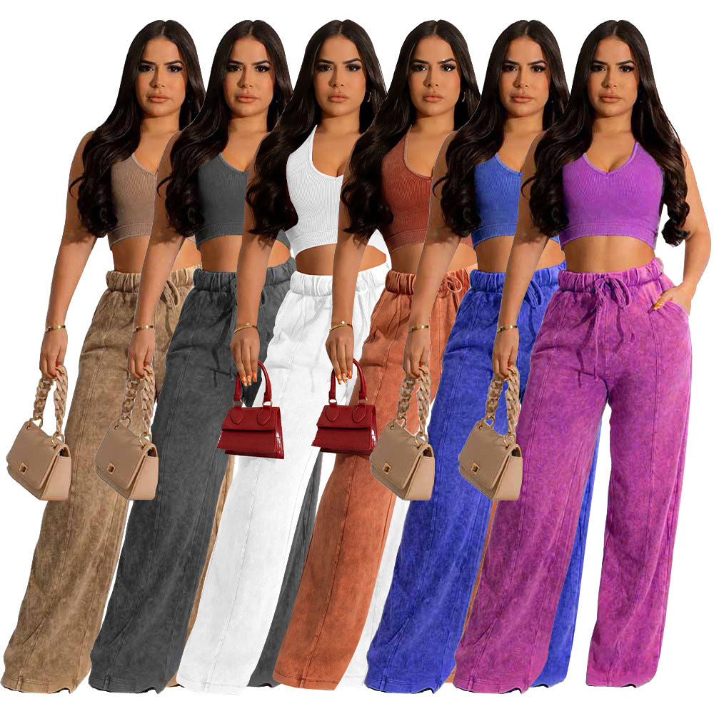 Fashion Women's Sleeveless Blouse Elastic Waist Wide Leg Pants Suit