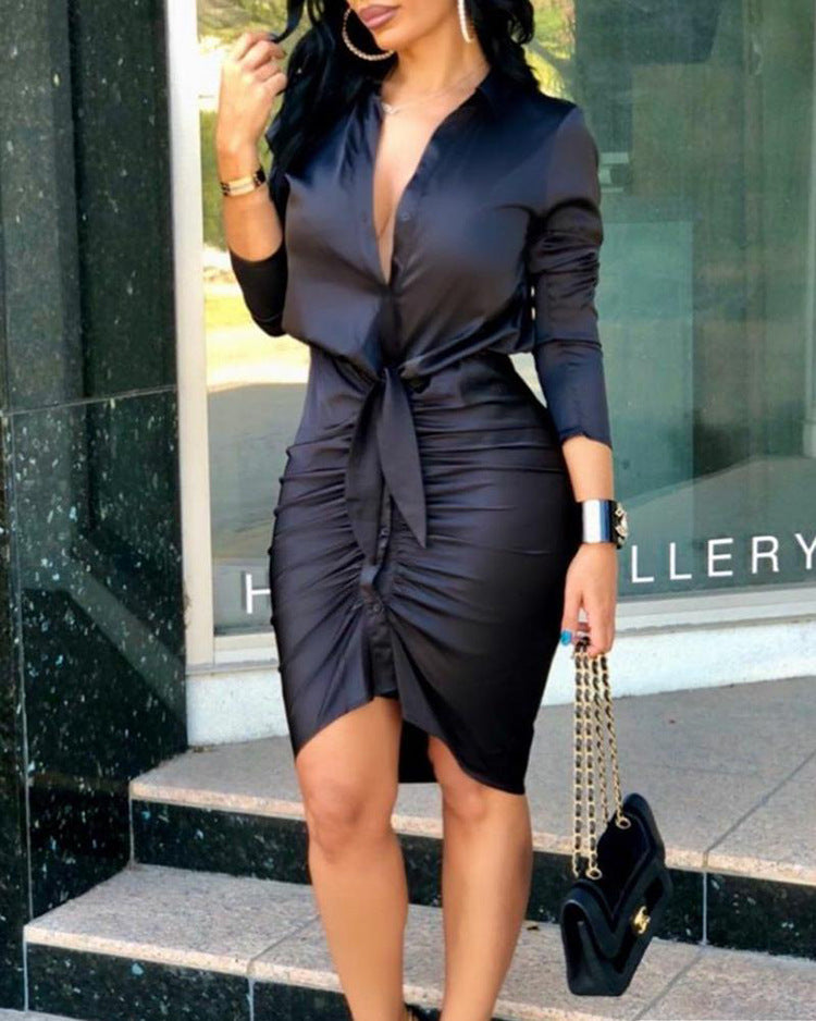 Women Lace-up Solid Color Long Sleeve Midi Dress Shirt Dress Elegant Fashion Party Dress