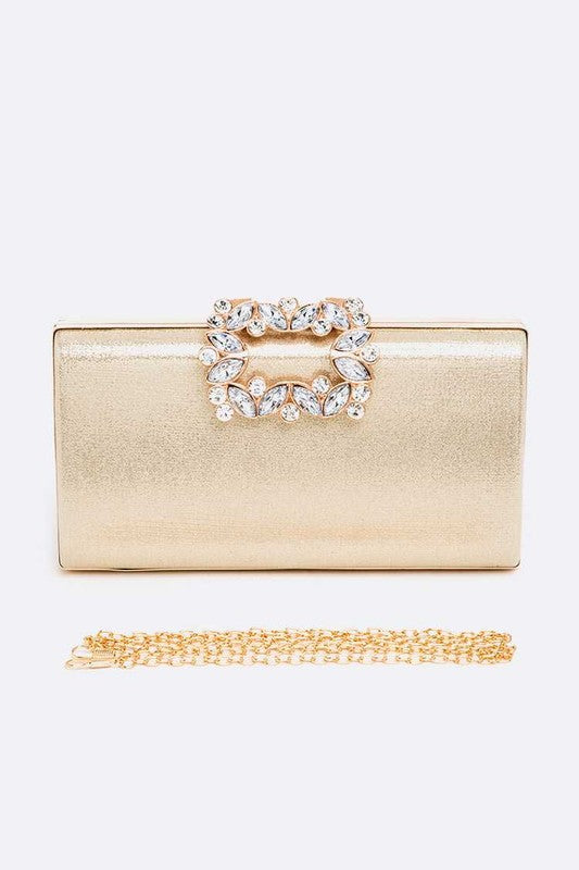 Crystal Buckle Metallic Box Clutch