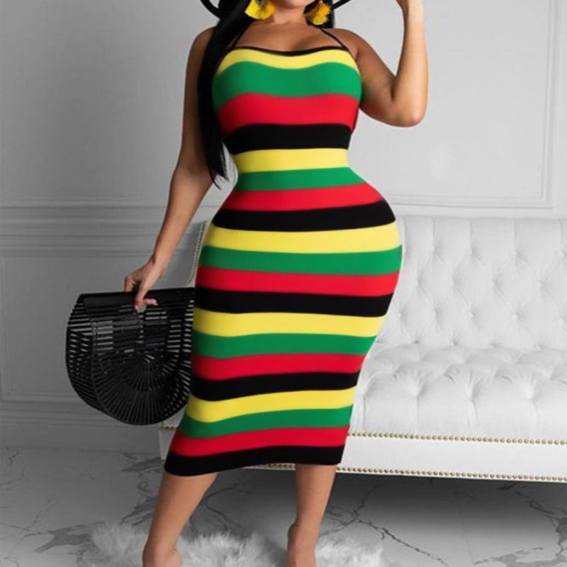 European And American Spring And Summer Rainbow Bar Sexy Suspender Dress