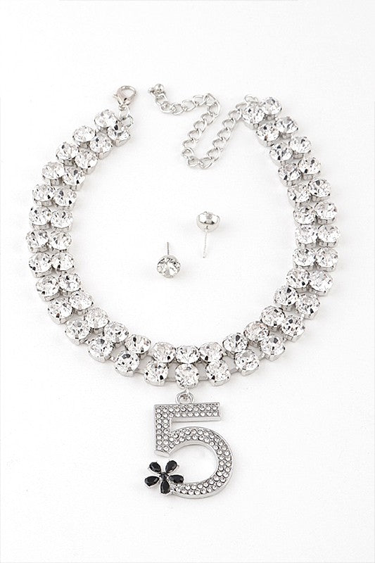 Crystal 5 Pendant Rhinestone Choker Necklace Set