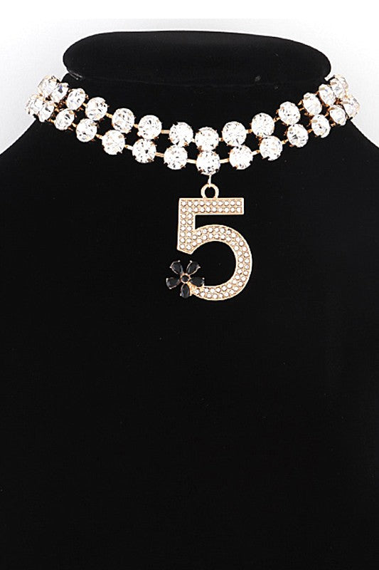 Crystal 5 Pendant Rhinestone Choker Necklace Set