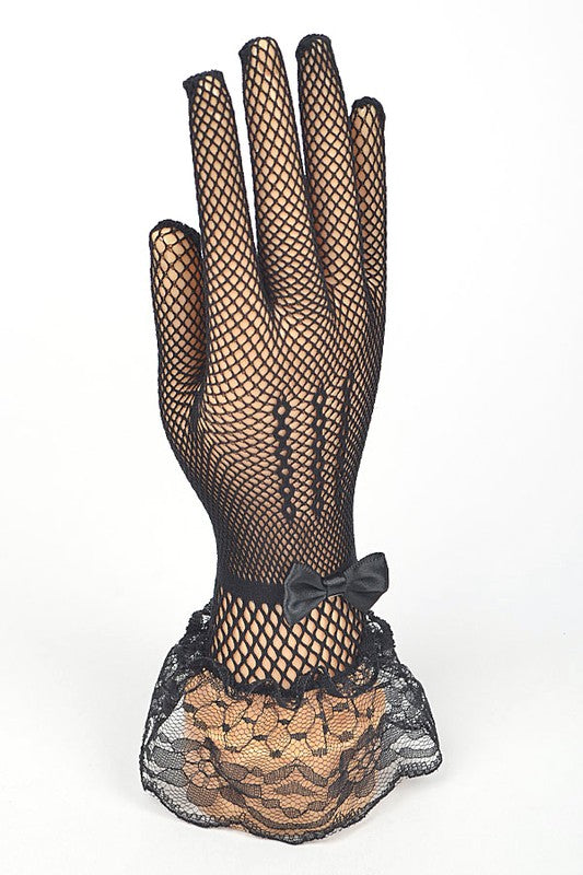 Fishnet Ribbon Lace Ruffle Gloves