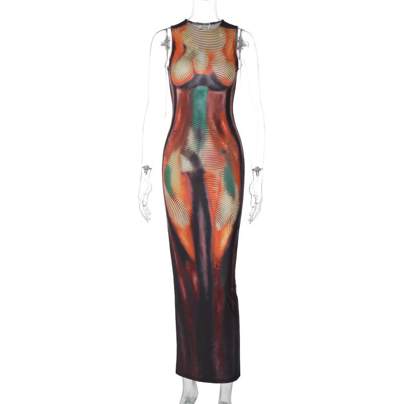 Women's 2024 Summer New Fashion Printed Slim Round Neck Sleeveless Dress