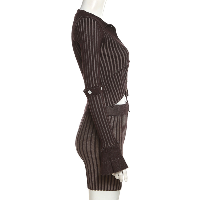 Fashion Long Sleeve Single-breasted Design Striped Shorts Suit