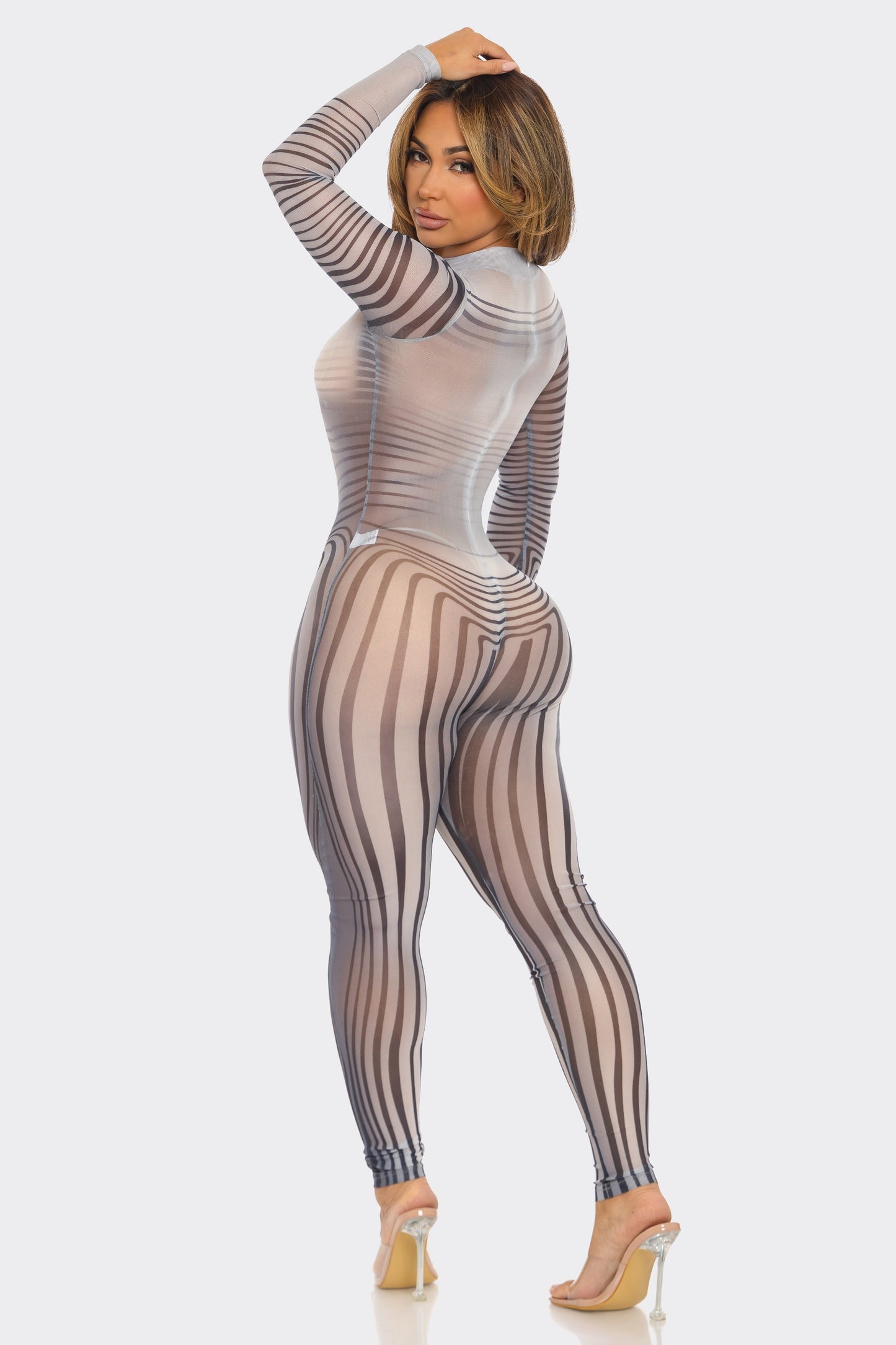 Meshy striped body suit jumpsuit