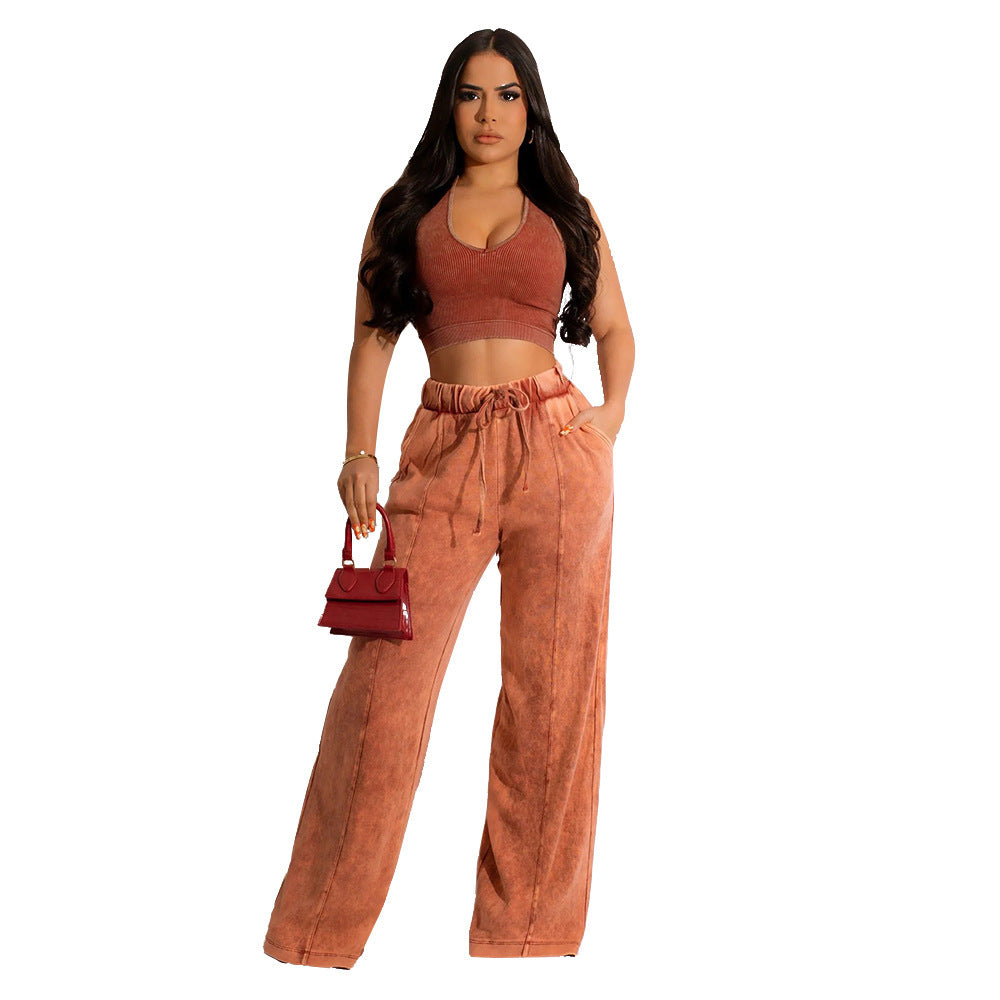 Fashion Women's Sleeveless Blouse Elastic Waist Wide Leg Pants Suit