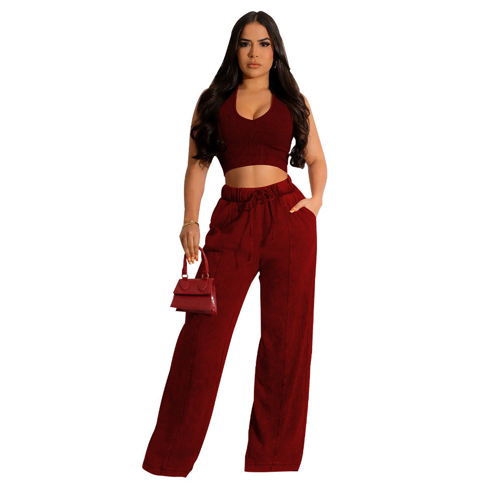 Fashion Women's Sleeveless Blouse Elastic Waist Wide Leg Pants Suit