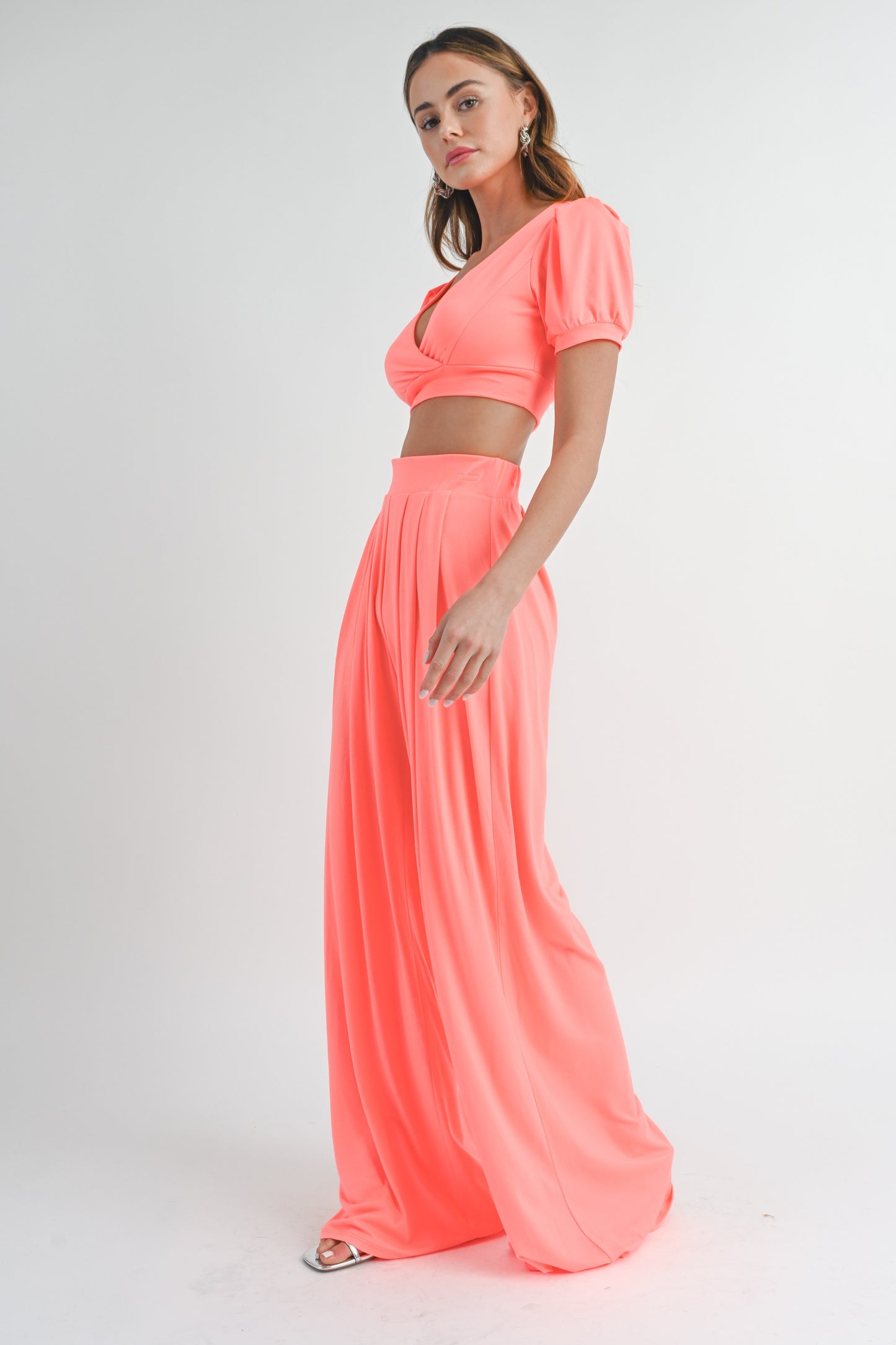 Coral crop top pants set