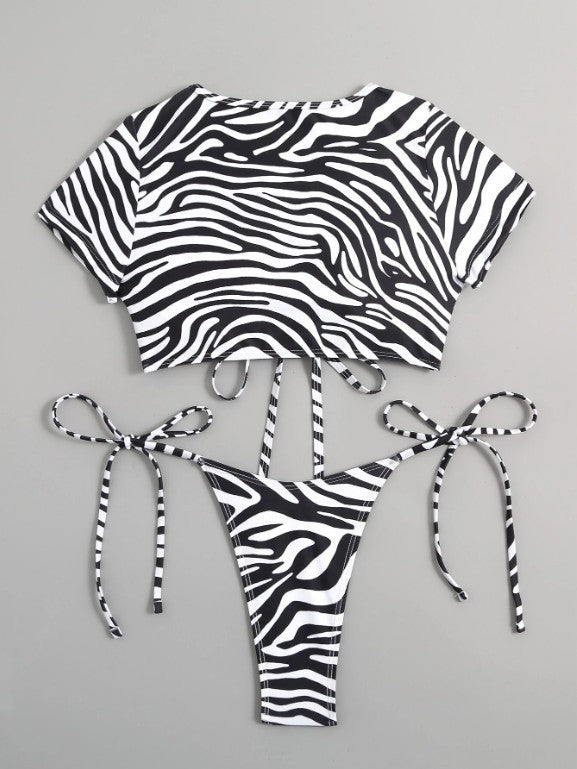 Foreign Trade Cross-border Split Zebra Stripes Hollow Out Tied T-back Sexy Fashion Bikini