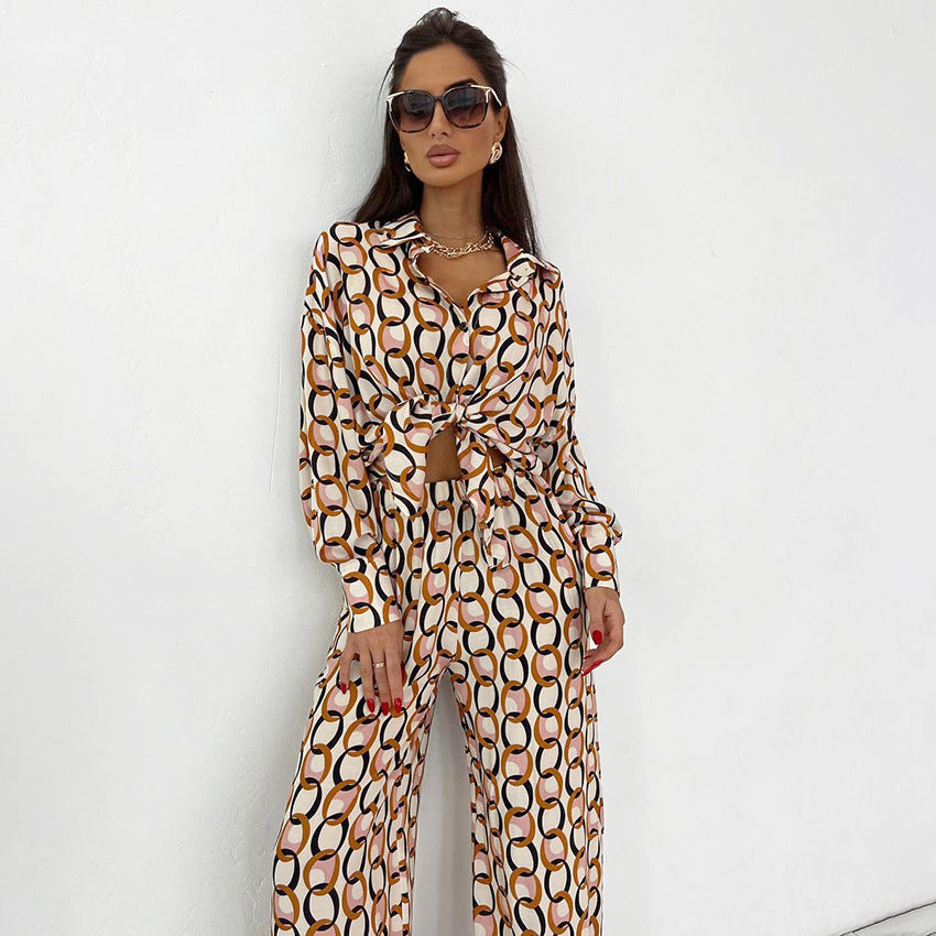 Women's Fashionable Printed Long-sleeved Trousers Pajamas Two-piece Set