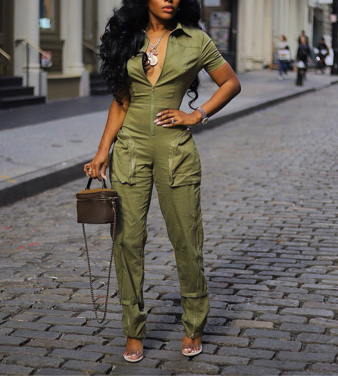 Summer Zipper Workwear With Pocket Jumpsuit