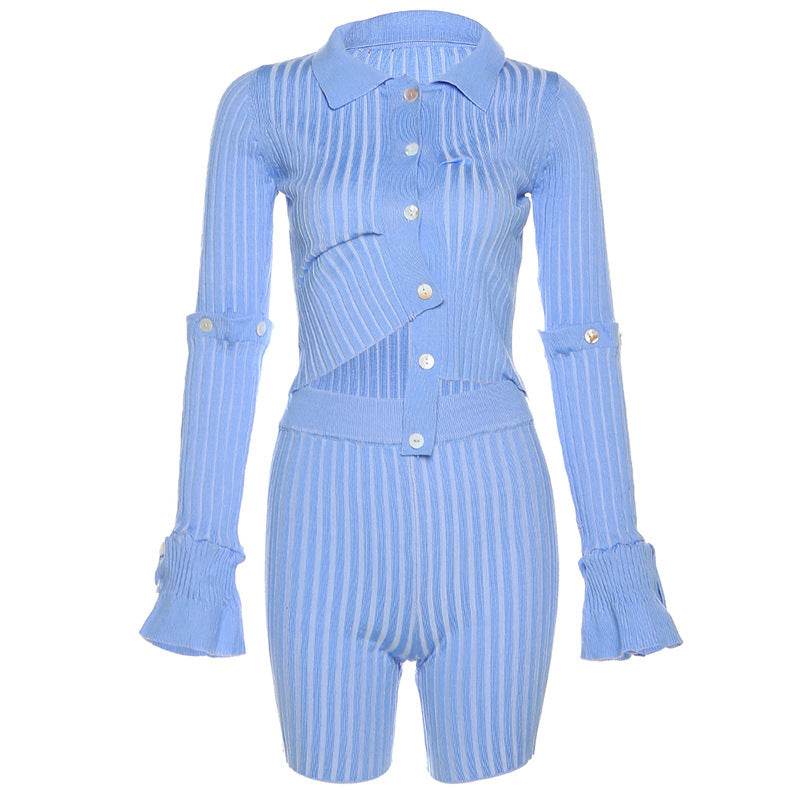 Fashion Long Sleeve Single-breasted Design Striped Shorts Suit