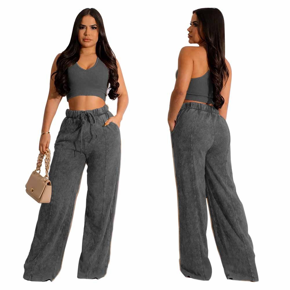 Fashion Women's Sleeveless Blouse Elastic Waist Wide Leg Pants Suit