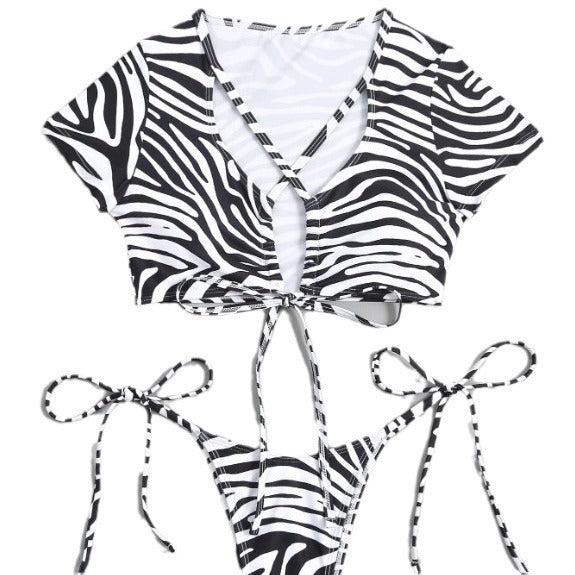 Foreign Trade Cross-border Split Zebra Stripes Hollow Out Tied T-back Sexy Fashion Bikini