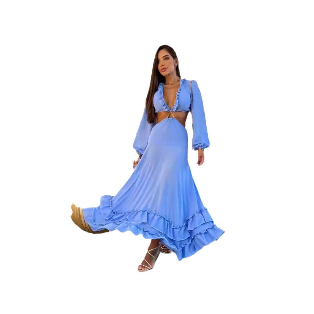 Pure Blue Deep V-neck Midriff Outfit Women's Long Sleeve Long Dress