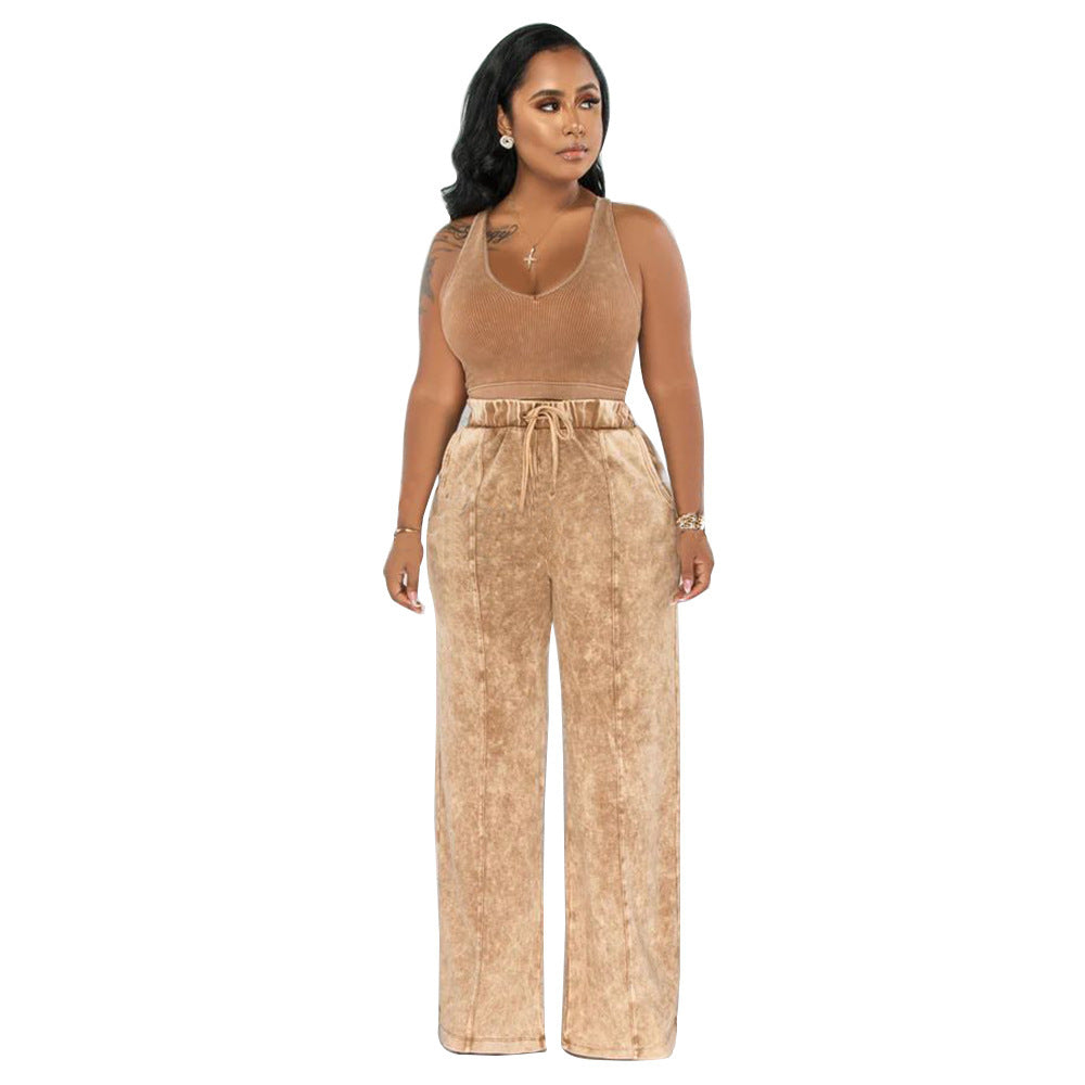 Fashion Women's Sleeveless Blouse Elastic Waist Wide Leg Pants Suit