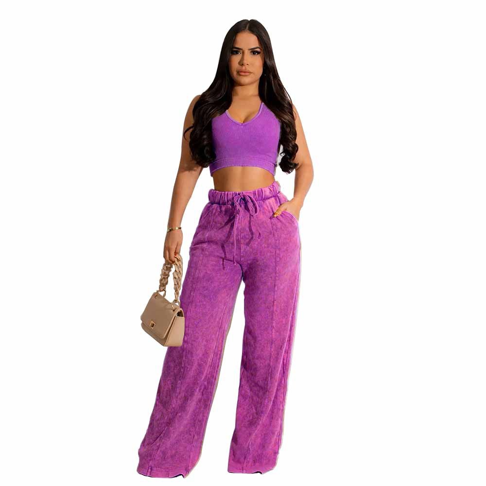 Fashion Women's Sleeveless Blouse Elastic Waist Wide Leg Pants Suit