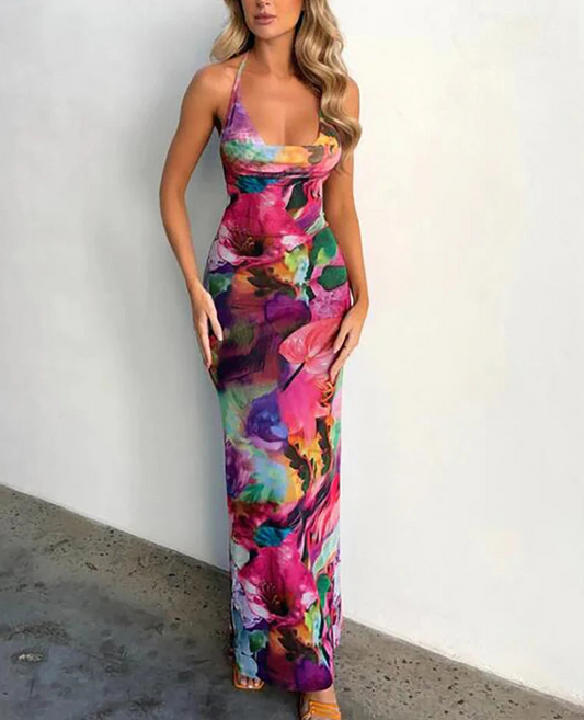 Backless Halter Women Dress Flower Print Low Chest Sheer Sexy Bodycon