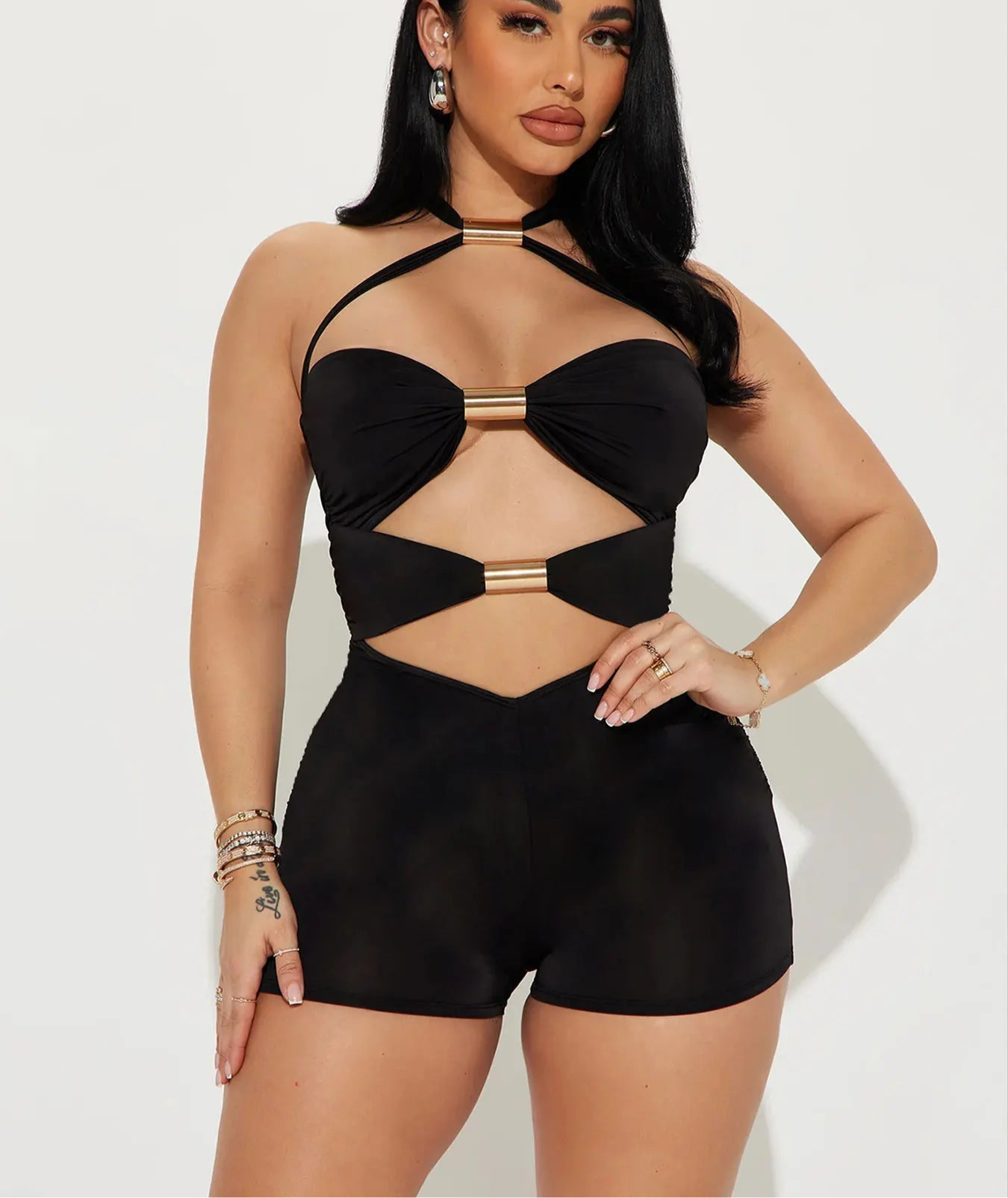 Hollow Out Metal Ring Sexy Vacation Jumpsuit Streetwear Playsuit Mujer One Piece Bodysuit Women Fashion Romper Y2K