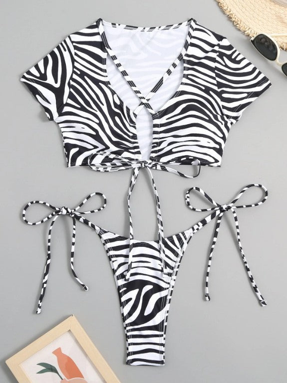 Foreign Trade Cross-border Split Zebra Stripes Hollow Out Tied T-back Sexy Fashion Bikini