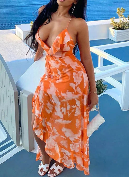 Elegant floral print Dresses for summer women Dress 2024 New Sexy Backless Sleeveless ruffled V-neck Midi Sling Dress for Ladies