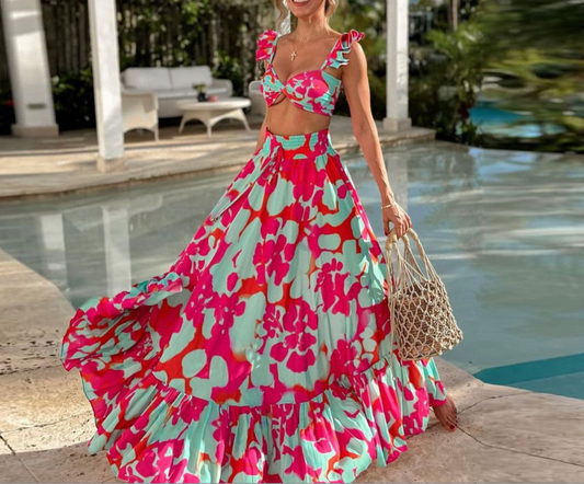 Printed Sleeveless Midriff Outfit Holiday Split Two-piece Suit Ladies