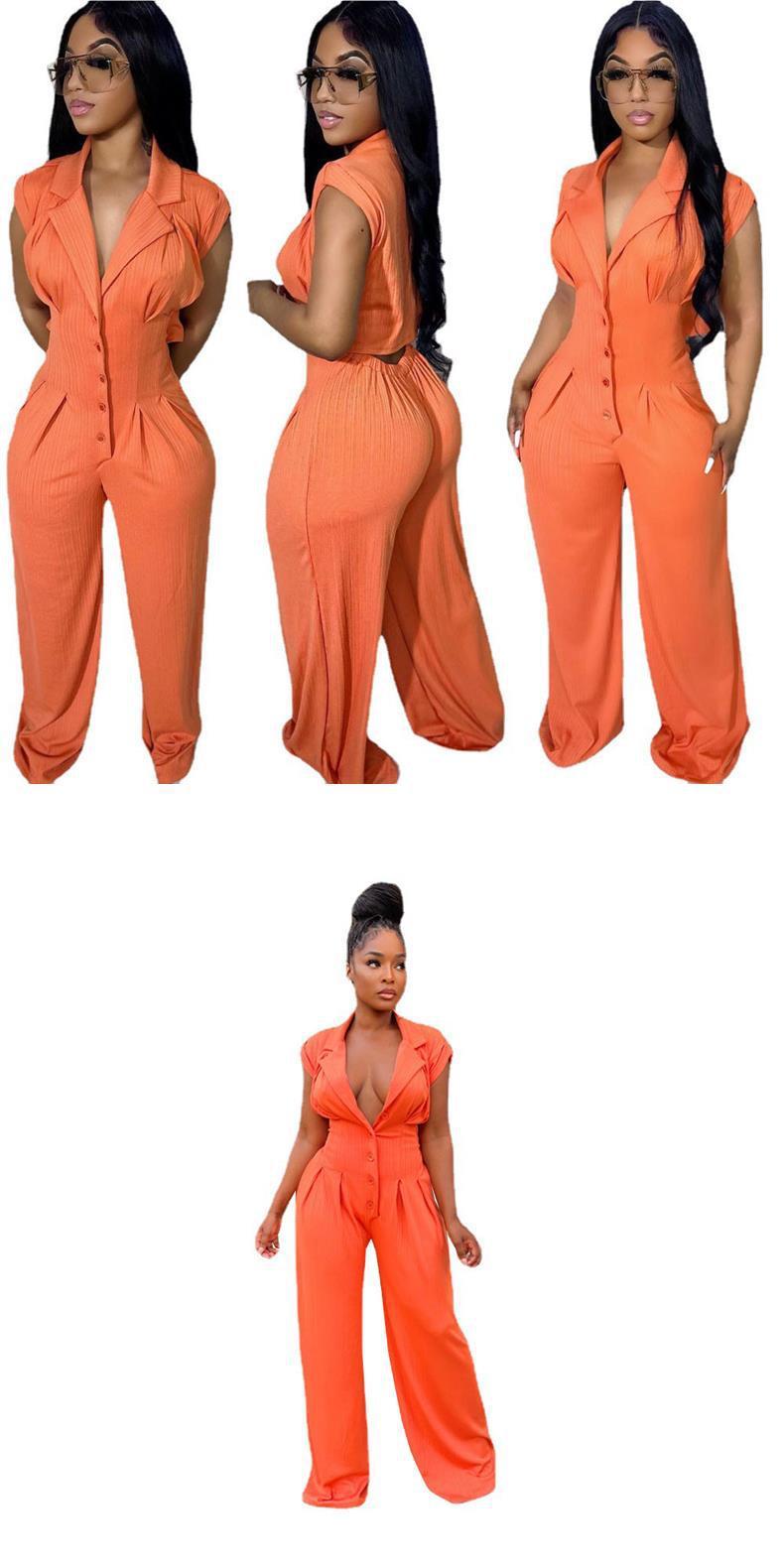 Women's Button Elastic Short Sleeve Stand Collar Wide Leg Jumpsuit