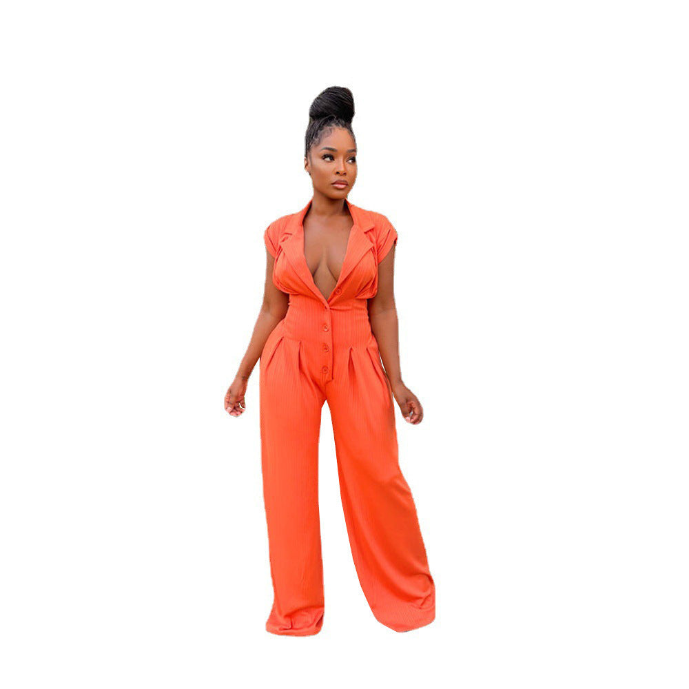 Women's Button Elastic Short Sleeve Stand Collar Wide Leg Jumpsuit