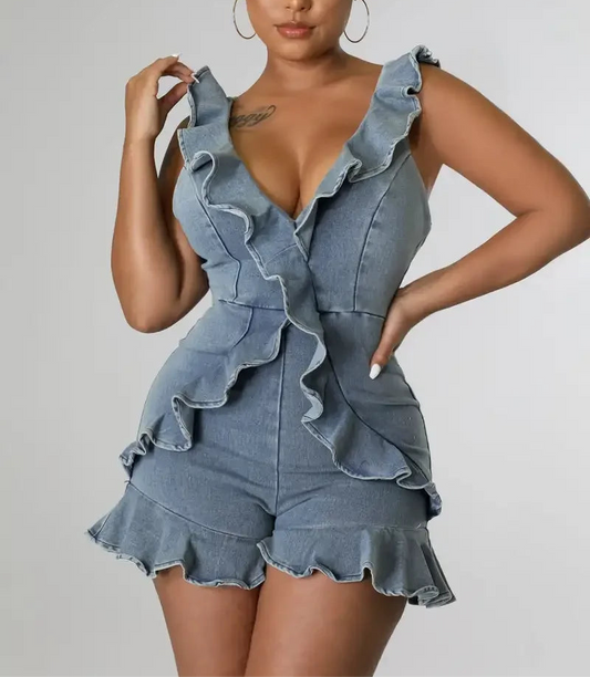 V-Neck Ruffled Open Back Denim Jumpsuit Sexy Women Y2K Romper Sleeveless Summer Skinny Playsuit Streetwear Outfit 2024