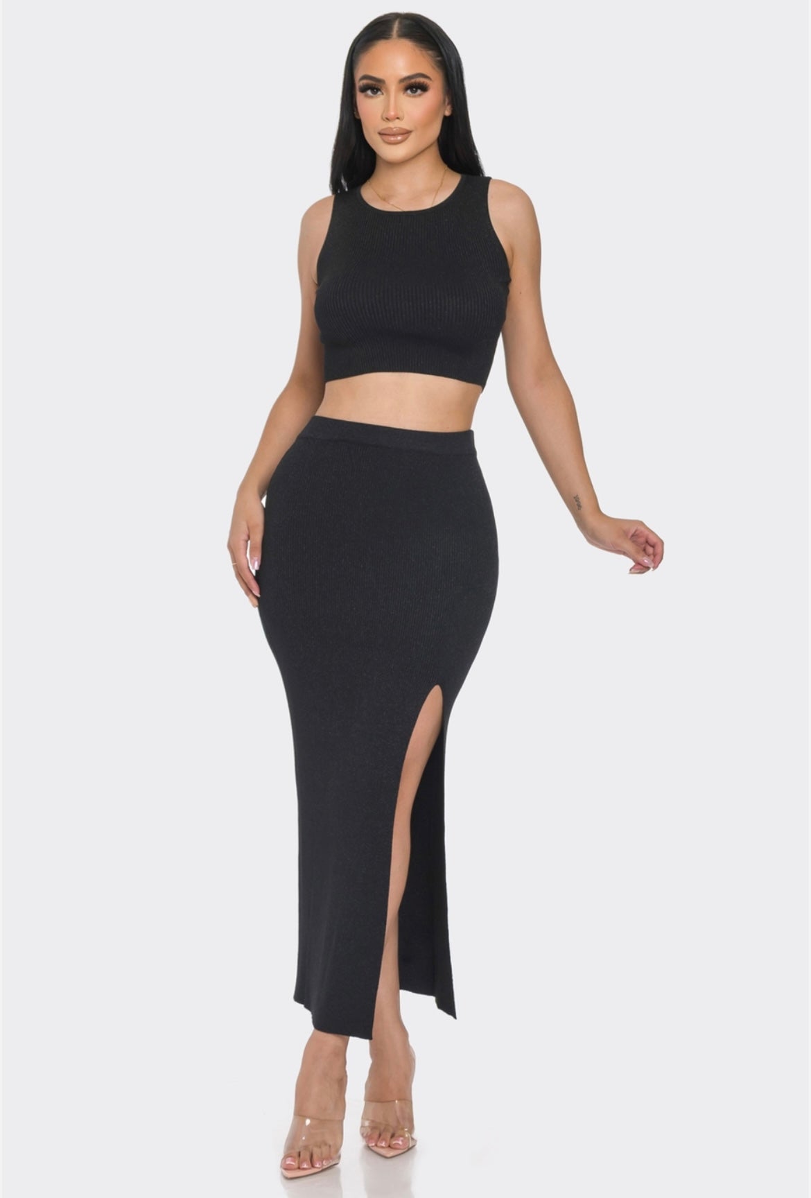 Glitter room black two piece maxi skirt set