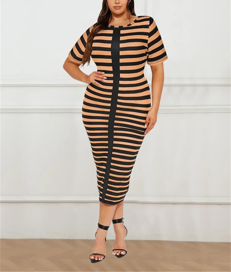 Plus Size Dresses for Women Short Sleeve striped Maxi long Dress Bodycon Strech