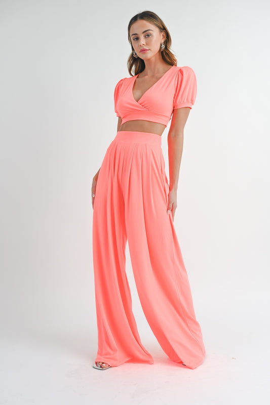 Coral crop top pants set