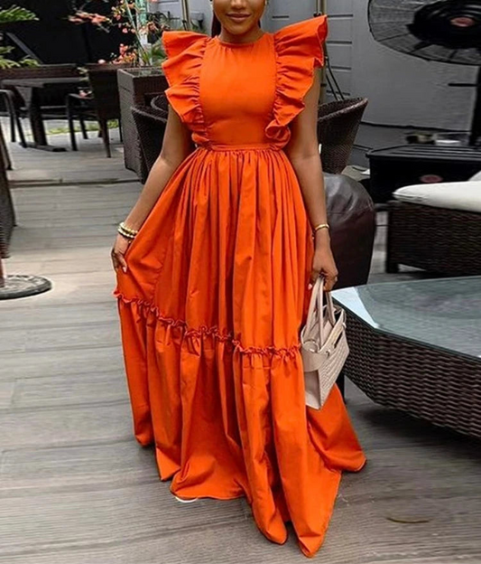 2024 Summer Ruffles Short Sleeve Sweet Cute O-Neck Floor-Length Long Women Dress Maxi Dresses