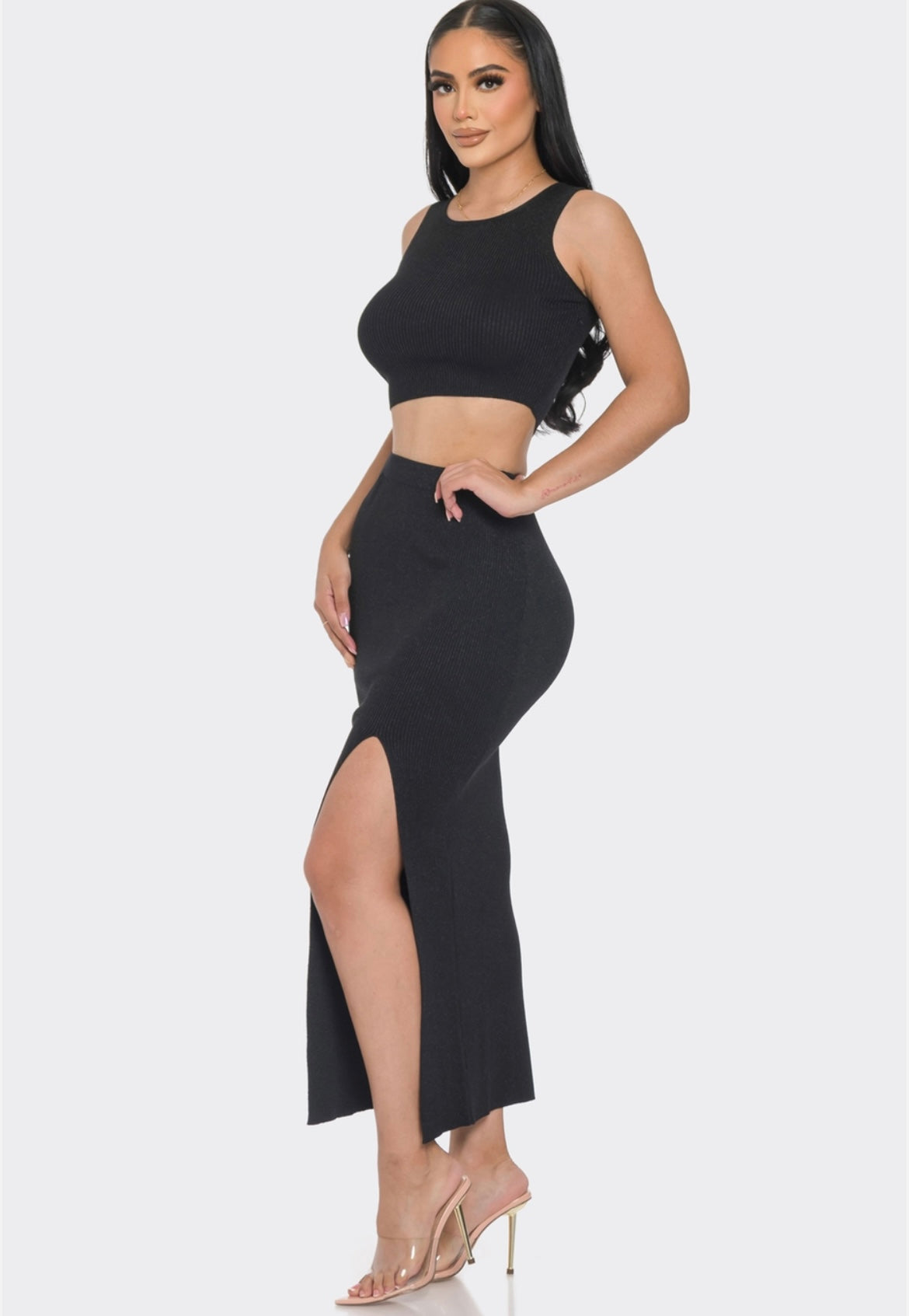 Glitter room black two piece maxi skirt set