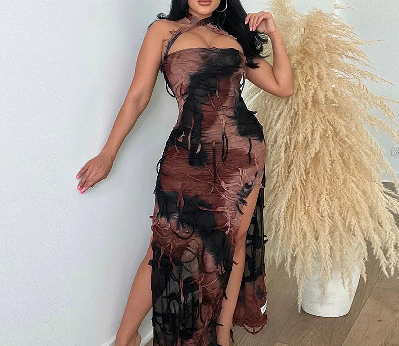 Halter Backless Strapless Birthday Dress for Women Party Night Double Side High Split Body-shaping Tassel Bodycon Maxi Dresses