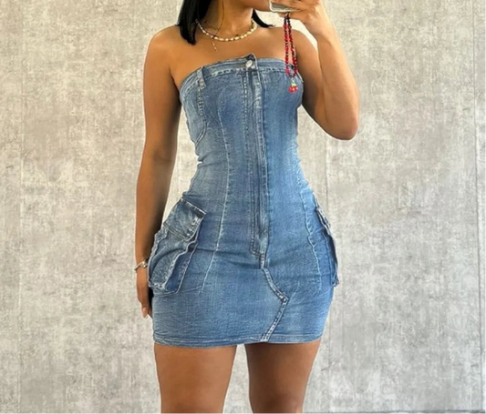 Sexy Off Shoulder Backless Denim Tube Dresses Women Sleeveless Pocket Bodycon Mini Dress Fashion Elasticity Vestidos