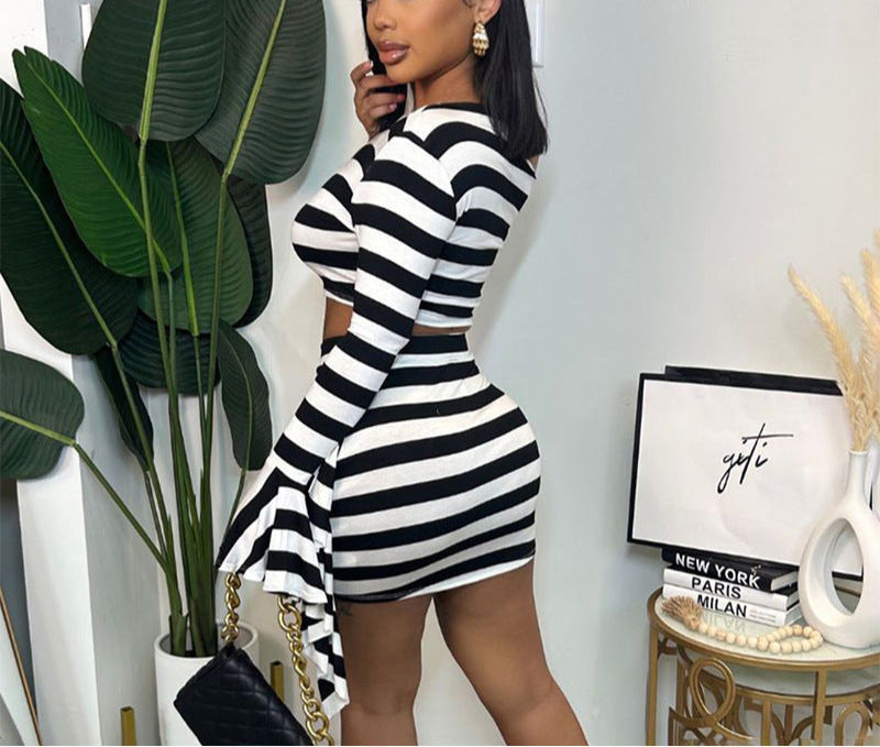 Casual Zebra Prints Cropped Horn Long Sleeve Top Skirt Suit