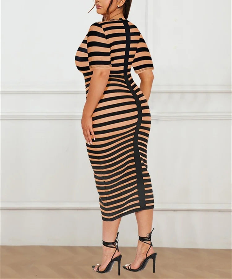 Plus Size Dresses for Women Short Sleeve striped Maxi long Dress Bodycon Strech