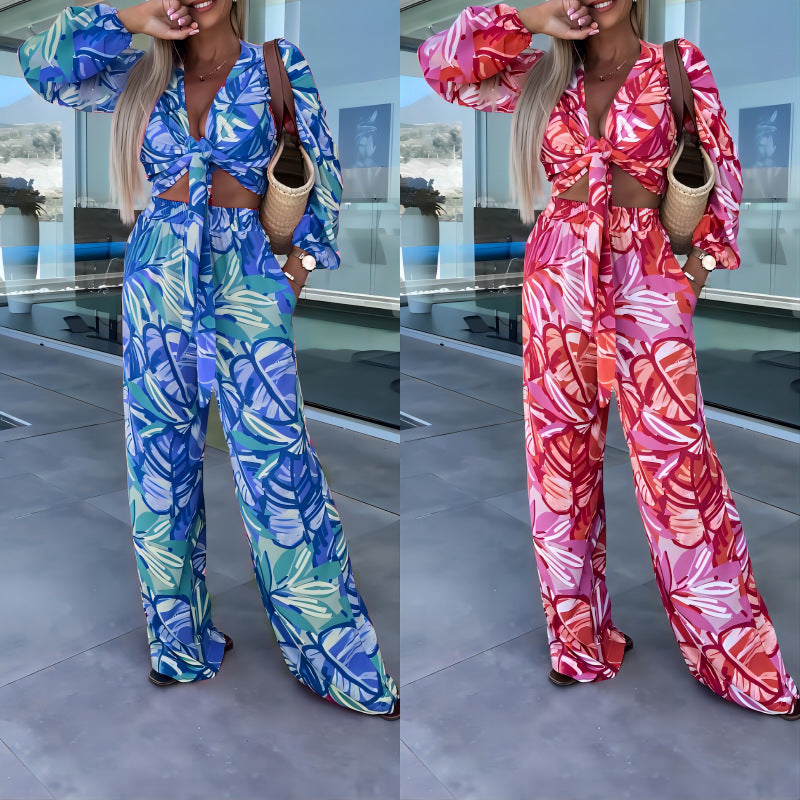 Strap Printing Long Sleeve Pocket Women's Suit