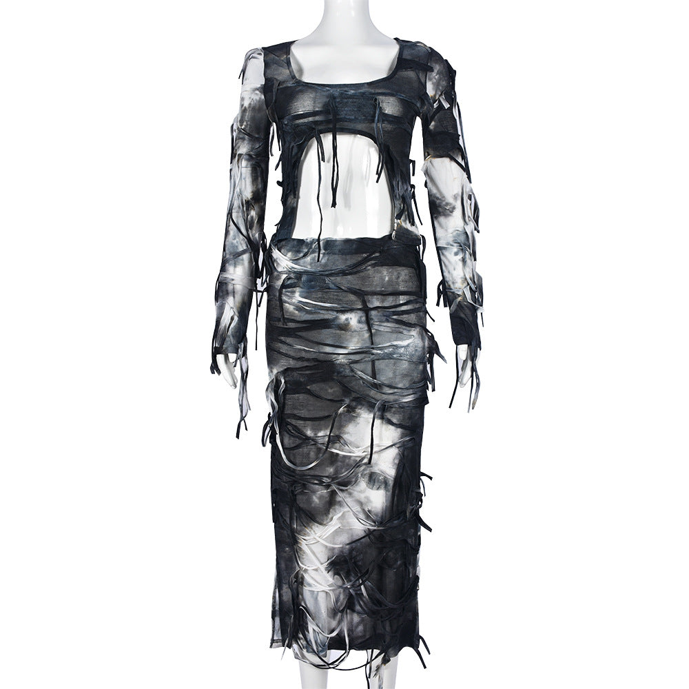 Women's Fashion Tie-dye Exposed Navel Tassel Dress Suit