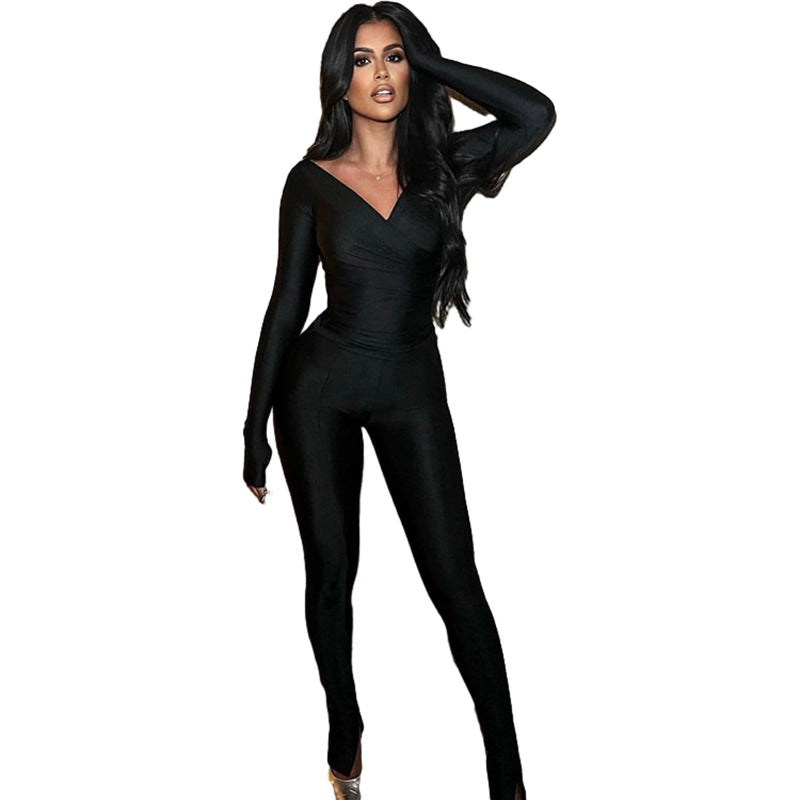 Women's Fashionable V-neck High Waist Tight Trousers Casual Sports Suit