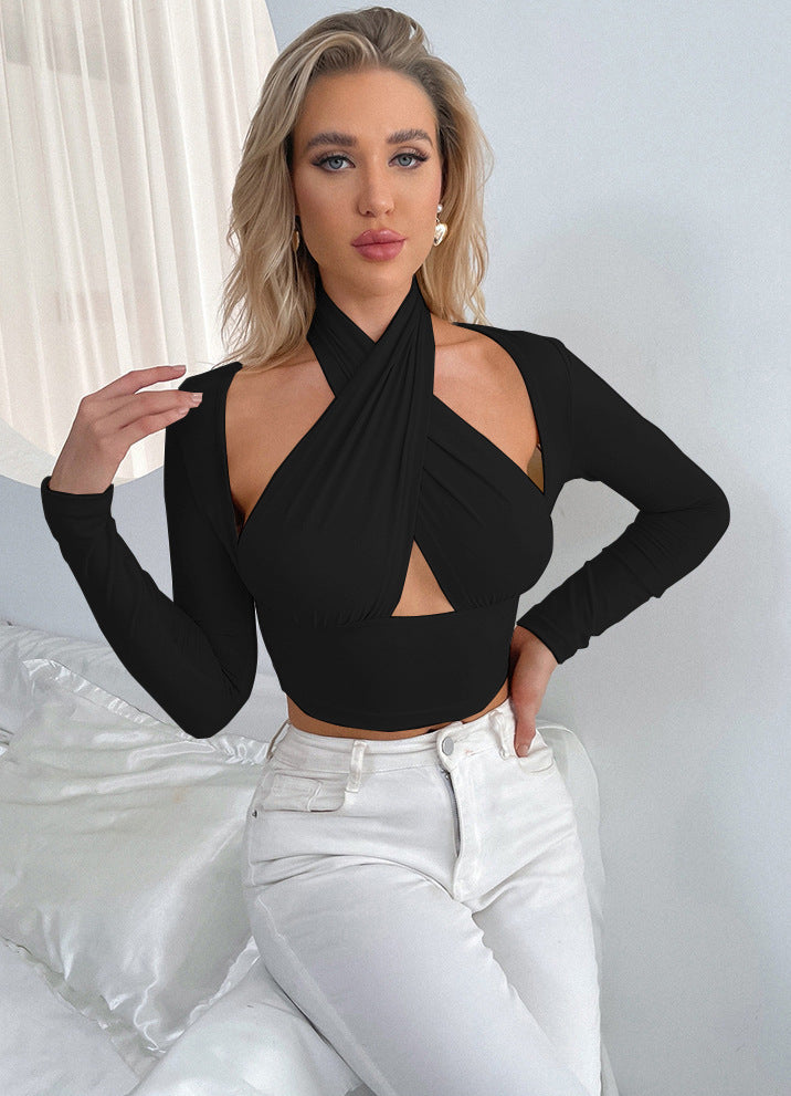 Women's Graceful And Fashionable Cross Collar Hollow Bottoming Shirt