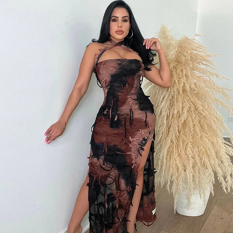 Halter Backless Strapless Birthday Dress for Women Party Night Double Side High Split Body-shaping Tassel Bodycon Maxi Dresses