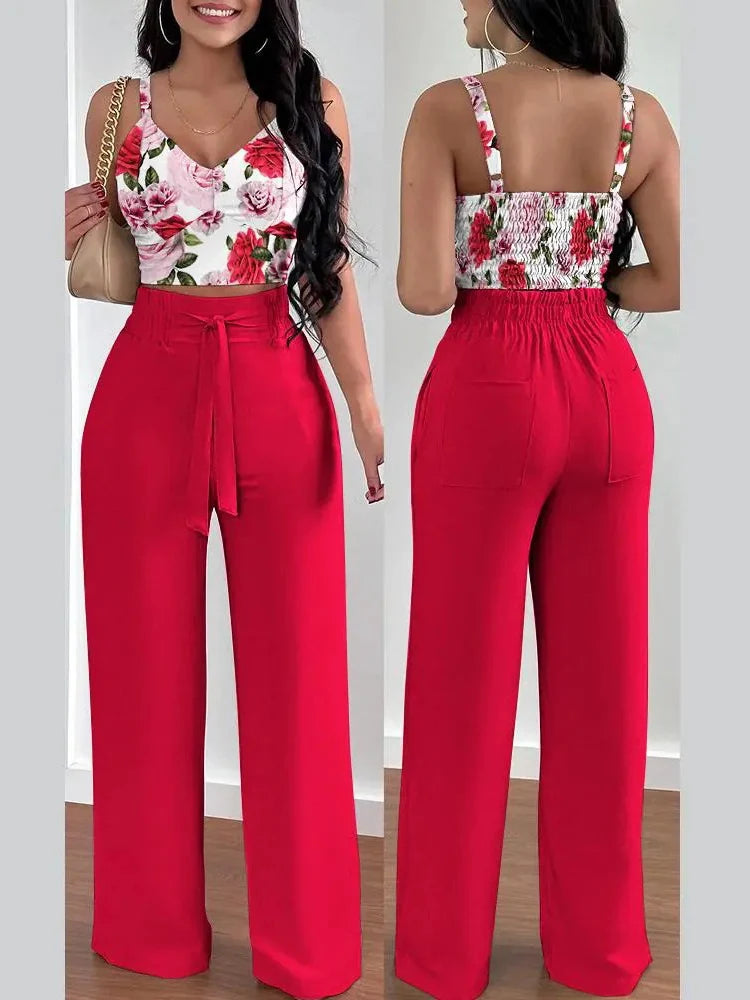 2024 Conjuntos Para Mujeres 2 Piezas Women V-neck Two-piece Set Backless Sleeveless Long Pants Casual 2 Piece Sets Women Outfit